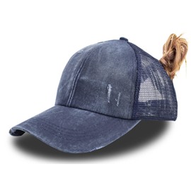 KKMKSHHG Criss Cross Baseball Caps, Women Ponytail Mesh Hat Distressed High Messy Bun Trucker Ponycap Navy