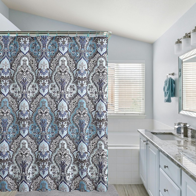 Decorative Blue & Silver Grey Gray Boho Fabric Shower Curtain,