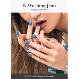 ohora Semi Cured Gel Nail Strips (N Washing Jean) - Works with Any Nail Lamps, Salon-Quality, Long Lasting, Easy to Apply & Remove - Includes 2 Prep Pads, Nail File & Wooden Stick - Blue