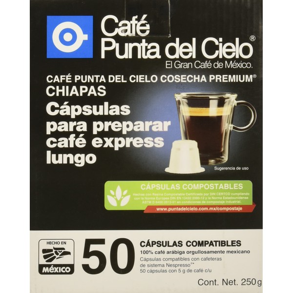 Café Punta del Cielo, Cápsulas Para Preparar Café Express Lungo Región Chiapas Cosecha Premium, 250 gramos