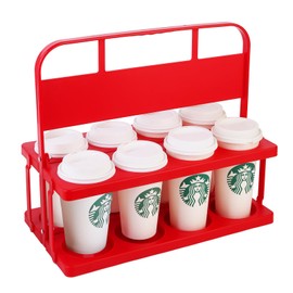 Bodaon 8 Cup Drink Carrier with Handle, Plastic Cup Carriers for Drinks, Drink Holder for Car, Take Out Delivery Drivers Accessories, Portable Foldable Reusable Mobile, Use for Food Delivery Bag, Red