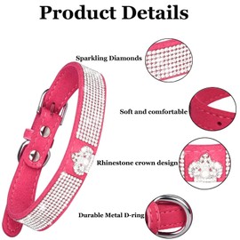 Suiecuor Dog Collar Small Dogs Dog Collar Rhinestone Shiny Diamonds Soft Suede Adjustable Puppy Collar for Small Medium Dogs Dark Pink XS
