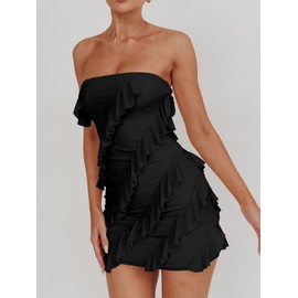 HOCILLE Women's Sexy Strapless Tube Top Bodycon Sleeveless Ruffle Mini Party Dress, Small, Black
