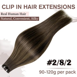 Hetto Human Hair Clip in Extensions 18 Inch Light Brown Balayage Darkest Brown Clip in Hair Extensions Real Human Hair Double Weft 120g 7pc