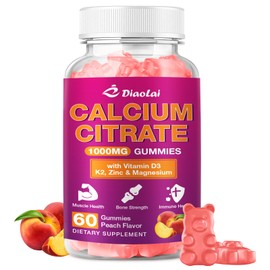 Calcium Citrate Gummies - 1000mg per Serving - Supports Bone & Teeth Health with Vitamin D3 & K2 - Delicious Peach Flavor - Non-GMO, Gluten-Free - 60 Gummies
