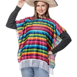 Mexican Serape Poncho Costume for Women Cinco De Mayo Mexican Fiesta Ponchos for Adults and Kids (Colorful Adult Short Size)