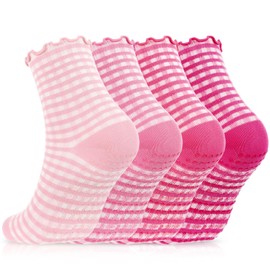 Chicingyou 4 Pairs Ruffle Pilates Grippy Socks, Cute Gingham Non Slip Ankle Yoga Socks for Women Dance Gym Exercise (Pink Tones)