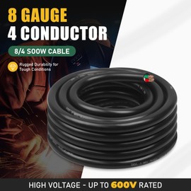 25ft 8/4 8 AWG Portable Power Cable (4 Conductor) - SOOW 600V 8 Gauge Electric Wire for Generator, Portable Lights, RV/EV Car Battery Chargers and Machinery - 25 Feet Electrical Cord