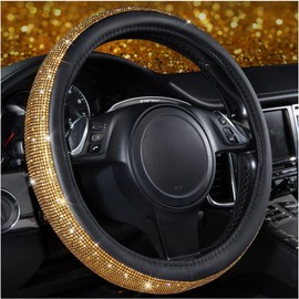 New Diamond Leather Steering Wheel Cover with Bling Bling Crystal Rhinestones, Universal Fit 38 CM Car Wheel Protector for Women Girls Gold