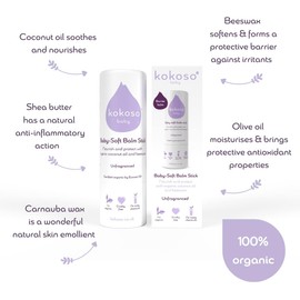 Kokoso Baby Soft Balm Stick, Unfragranced, Great for Dry Hands, Sore Lips and Chapped Cheeks, Protects Dribbly Chins and Soothes Dribble Rash, 100% Natural & Organic Ingredients, 13g