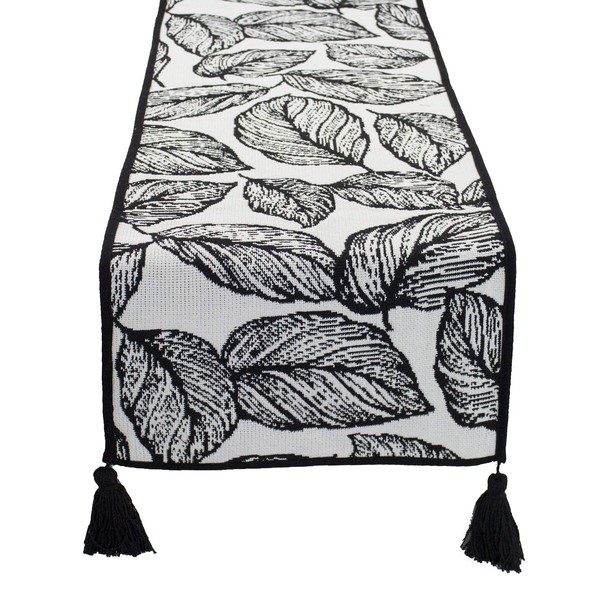 Fennco Styles Black and White Leaf Woven Table Runner -