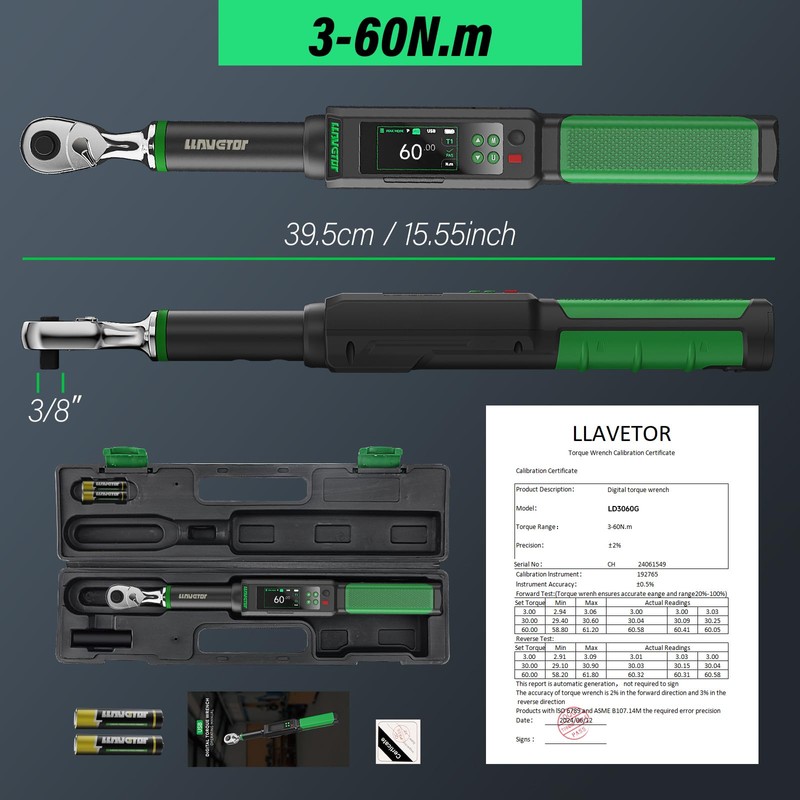 LLAVETOR Digital Torque Wrench 3/8, 2.2-44.3 Ft-lbs/3-60 N.m, ±2％ Torque