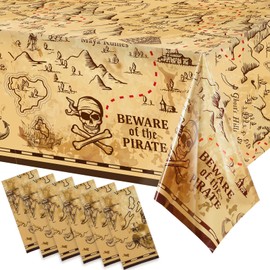 Pirate Party Tablecloth Treasure Map Tablecover Plastic Island Treasure Table Covers Pirate Nautical Party Supplies for Treasure Theme Birthday Party Decoration, 54 x 108 Inches (6 Pieces)