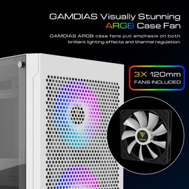 GAMDIAS White RGB Gaming ATX Mid Tower Computer PC Case with Side Tempered Glass and Excellent Airflow Design & 3 Built-in 120mm ARGB Fans