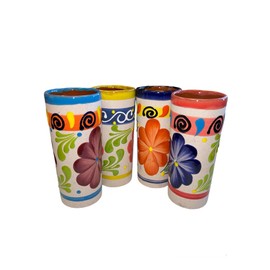 Mi Pueblo 4 Mexican Clay Cups, Flower Design, Clay Party Cups, Vasos Mexicanos De barro, (Made In Mexico) (Large)(15oz)