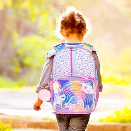 KLFVB 3PCS Unicorn Backpack for Girls, 16" Sequin Kids Bookbag and Lunch Box, Preschool Backpacks for Elementary Students