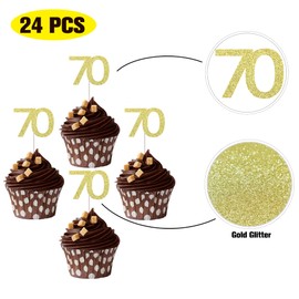 Sumerk 24PCS 70 Cupcake toppers Gold Glitter 70th Birthday Cupcake Picks Anniversary Party Decorations