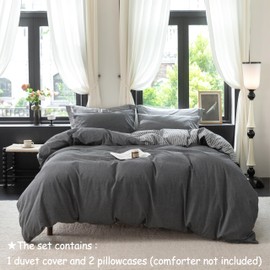 Warm Moment Reversible Duvet Cover Set 100% Washed Cotton Dark Grey Pinstripe Linen Feel Duvet Cover Queen Size with Zipper Closure & 2 Pillow Shams,Dark Grey/White Stripe Reverse Solid Dark Grey