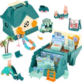 MCATNY Bunny House Playset, 32-Piece Educational Role Play Kit, Kids Pretend Toys, Birthday Gift (Green)