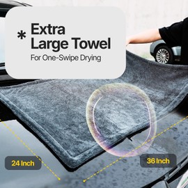 Crystal Clean Car Care Microfiber Towels for Cars - 1300GSM X Large Size Double Twisted Loop 2pcs - 70/30 Blend Quick Dry High Absorbent Edgeless Streak Free - Car Drying Towel for Detailing 24x36 & 12x12 (Dark Grey)