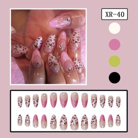 24Pcs Pink White French Tip Press on Nails Almond Medium Fake Nails with Rhinestones Leopard Print Design Gold Glitter French Lines False Nails Glossy Nude Acrylic Nails Cute Stick on Nails for Women