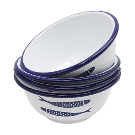 Set of 4 Enamelware Vintage Classic 20 oz Round Cereal Bowl, Cereal Bowl with Fish Pattern on The Surface, Solid White/Blue Rim