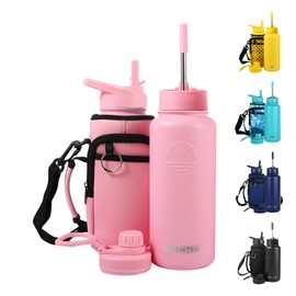 FAHRMOSIS 32 Oz Water Bottle with Straw & Holder Strap | Insulated Water Bottle Water Jug Includes 3 Lids Water Bottles | Stainless Steel Water Bottle for Men & Women - Camo