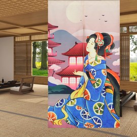 LIGICKY Japanese Style Thick Linen Noren Long Curtains Geisha in Blue Clothing Door Curtain Room Divider Tapestry for Home Textiles Room Divider 85 x 150 cm