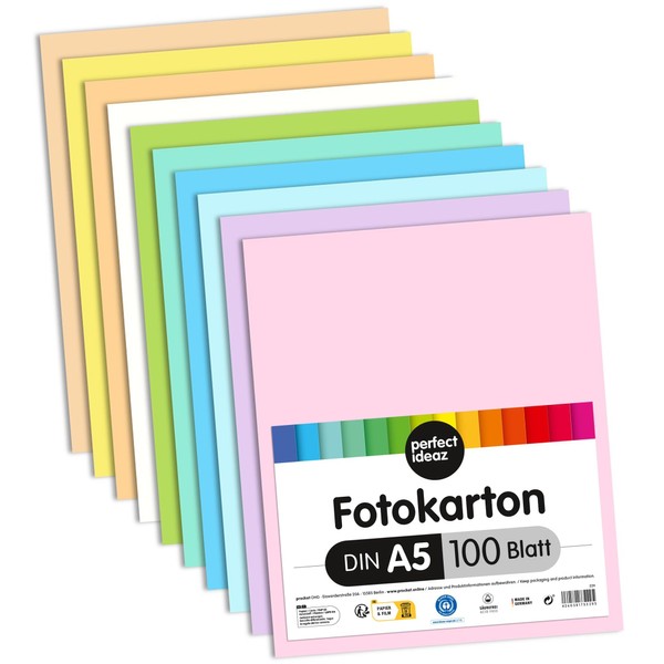 perfect ideaz • 100 Sheets Photo Card DIN A5, 10 Colours, 300 g/m², Made in Germany