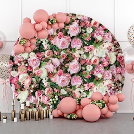 AOFOTO 7.2x7.2ft Pink Rose Flowers Theme Round Backdrop Cover Spring Blush Floral Blossom with Green Leaves Wedding Valentines Day Photography Background Bridal Shower Party Decor Lovers Photo Props