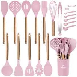 MIBOTE 17 Pcs Silicone Cooking Kitchen Utensils Set with Holder, Wooden Handles BPA Free Silicone Turner Tongs Spatula Spoon Kitchen Gadgets Utensil Set for Nonstick Cookware (Pinky)