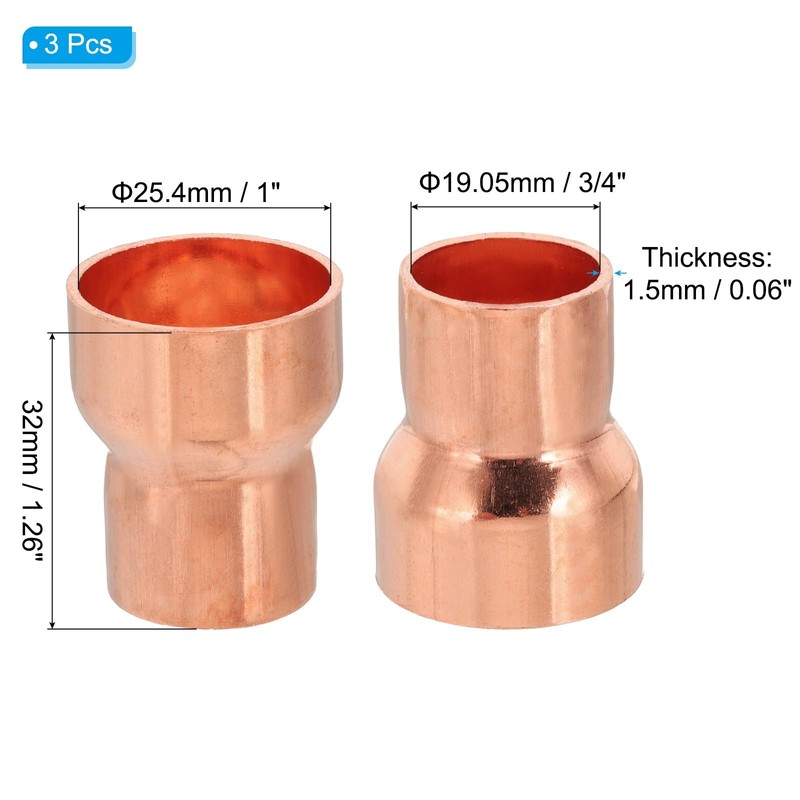 PATIKIL 1" to 3/4" ID Copper Reducer, 3pcs 99.9% Pure