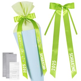 BOFUNX School Cone Bow Green Sugar Bag Bow + Letters Numbers Butterfly Sticker, School Cone Sugar Bag Bow for School Child, First Day of School Decoration