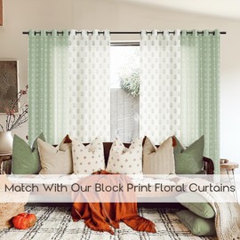 Sage Green Floral Curtains,Vintage Sheer Boho Pattern on Cream Beige Linen Cottage Core Whimsical Curtains for Bedroom Living Room 84 Inches Long 2 Panels Set