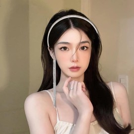 AHONEY Silver Rhinestone Headband Wide Hairband Head Chain Tassels Wedding Crystal Metal Headpiece Hair Accessories for Women