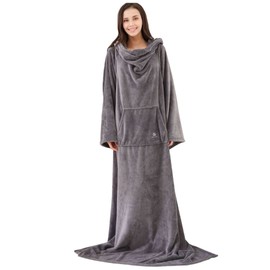 Recalma Cuddly Blanket with Sleeves, Soft Blanket with Sleeves, Warm Fleece Blanket with Front Pocket for Freedom of Movement, for Women, Men and Children, 150 x 200 cm, Grey