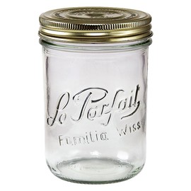 Le Parfait Familia Wiss Terrine - 750ml Wide Mouth French Glass Mason Jar w/ 2-Piece Gold Lid, 24oz/Pint & Half (Pack of 4)
