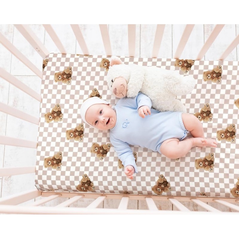 Fitted Baby Neutral Crib Sheets Bear and Buffalo Check Plaid