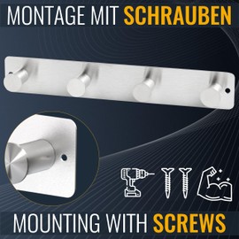 RICOO MH025S-4 Stainless Steel Coat Hook, Wall Hook, Silver with 4 Hooks, Robust Hook Rail for Wall Mounting, Coat Hook Wardrobe in Elegant Design, Versatile, Durable and Scratch-Resistant