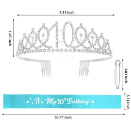 CAVETEE Happy 10th Birthday Sash and Crown 10th Birthday Decorations for Girls Blue IT's My Birthday Sash for 10th Birthday Gifts