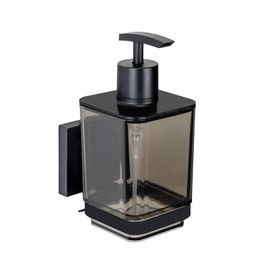 WENKO Quadro Soap Dispenser 340 ml Plastic with Stainless Steel Holder Easy Installation No Drilling for Bathroom and Kitchen Black