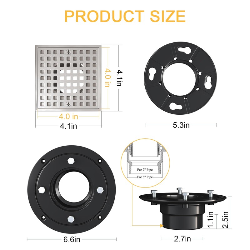 Yaseingoo 4 Inch Square Shower Drian with Flange-SUS 304 Stainless