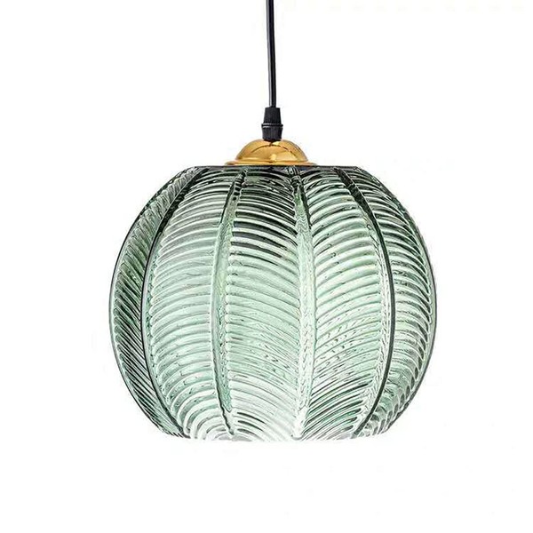 Bepuzz Modern Green Ribbed Glass Pendant Lights Green Pumpkin Design Chandelier with Adjustable Cord Ceiling Pendant Light Fixture for Bedroom Living Room Kitchen Sink (Small, 5.9")
