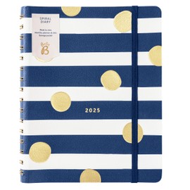 Busy B Spiral Weekly Diary 2025 - Navy Stripe & Gold Spot Faux Leather Cover - Week-to-View Layout, Notes, Monthly Planners & Tabs, Storage Pocket & Elastic Closure Band – Jan-Dec
