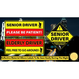 Senior Driver Please Be Patient Non - Magnetic Reflective Vinyl Sign Stickers, 5 Pack 9 x 3in & 5 x 5in, UV Resistant, Weatherproof, Waterproof, Elderly Driver Reflective Vinyl Signs for Vehicles & Automobiles.