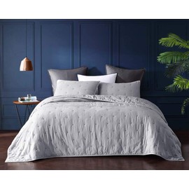 Bourina Reversible Bedspread Coverlet Set - Pre-Washed Microfiber Ultra Soft Lightweight Star Quilted 3-Piece Quilt Set King, Grey