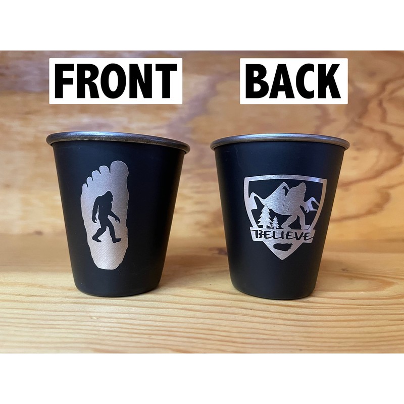 SQUATCH METALWORKS BELIEVE Bigfoot Shield Shot Glass - Stainless Steel