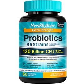 NewRhythm Probiotics 120 Billion CFU 36 Strains, 3-in-1 Probiotics for Digestive Health & Immune Support with Prebiotics & Enzymes, Probioticos for Women & Men, Targeted Release, 60 Veggie Caps