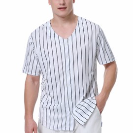 KUAIPAO Blank Plain Striped Baseball Jersey Button Down Baseball Uniforms for Men Women (M, White-Black)