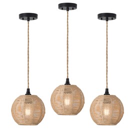 ALAISLYC Boho Pendant Light with Cord 7 Inch Rattan Hanging Lamp Hand Woven Wicker Small Chandelier Hanging Lights Fixture for Bedroom Kitchen Hallway Foyer 3 Packs